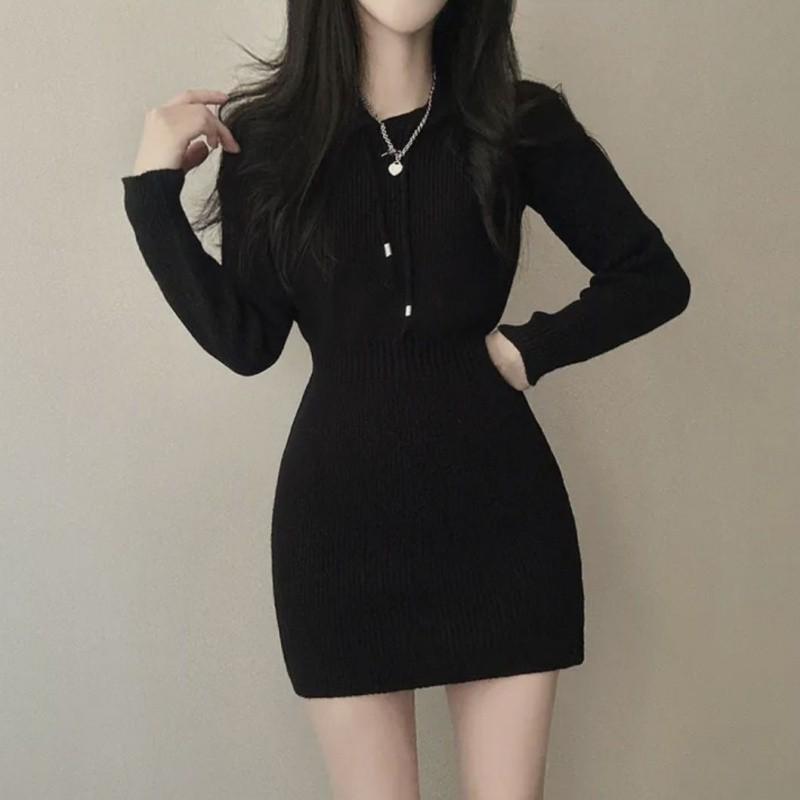 Frauen Winterkleid Strickpullover Solide Schlank Elastische Hoodie Kleid Hohe Taille Vintage Pullover Sniper Stil Mini Kleid Korean One  Size schwarz von Joom DACH