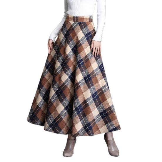 Frauen Wollrock Hohe Taille Plaid Print A-Linie Rock Herbst Winter Verdickt Großen Saum 2XL khaki von Joom DACH