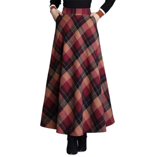 Frauen Wollrock Hohe Taille Plaid Print A-Linie Rock Herbst Winter Verdickt Großen Saum 3XL rot von Joom DACH