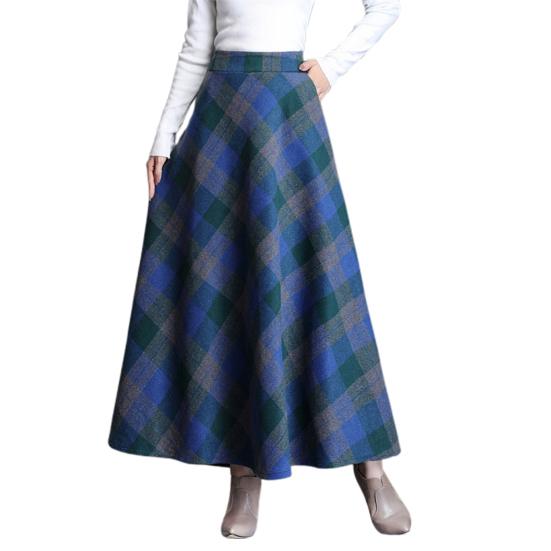 Frauen Wollrock Hohe Taille Plaid Print A-Linie Rock Herbst Winter Verdickt Großen Saum 3XL blau von Joom DACH