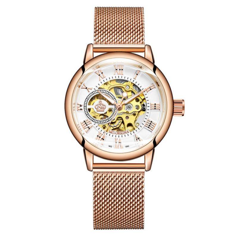 Frauen automatische mechanische Uhr Skelett Uhren Mesh Edelstahl Mode Damen Armbanduhr None rose gold von Joom DACH
