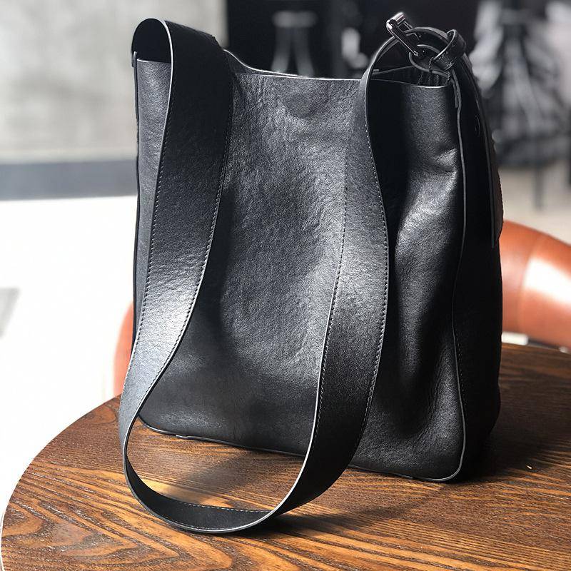 Freizeit Damen Big Bag Echtes Leder Breiter Gürtel Eimertasche Weiche Erste Schicht Rindsleder Umhängetasche schwarz von Joom DACH