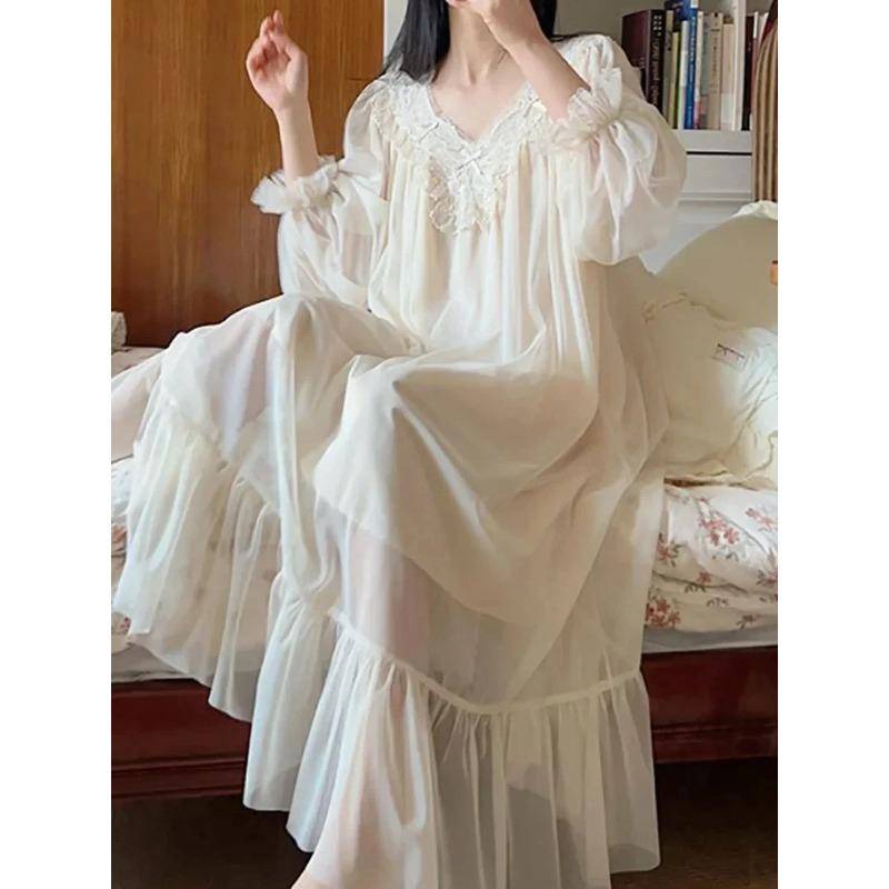 French Fairy Mist Mesh Schlafanzug Nachthemd Damen Baumwolle Nachthemd Prinzessin Rüschenkleid Sommer Romantisches Nachthemd XL von Joom DACH