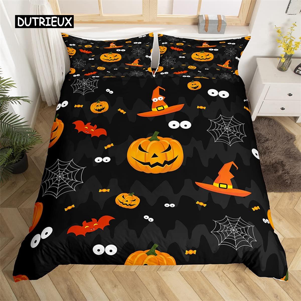 Fröhliches Halloween Bettbezug King Kürbislaterne Campingwagen Bettwäsche-Set Für Kinder Jungen Mädchen Schlafzimmer Cartoon Festival Bettdeckenbezug EU single(135x200cm) von Joom DACH