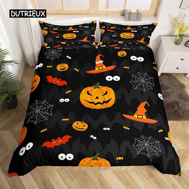 Fröhliches Halloween Bettbezug King Kürbislaterne Campingwagen Bettwäsche-Set Für Kinder Jungen Mädchen Schlafzimmer Cartoon Festival Bettdeckenbezug EU single(135x200cm) von Joom DACH