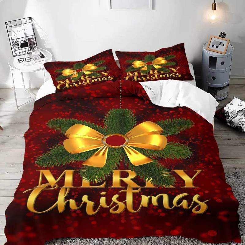 Frohe Weihnachten Bettbezug Goldene Glocke Schleife Bettwäscheset für Jungen Jugendliche Weihnachtsgeschenke Schlafzimmerdekoration Queen King Full Size EU single(135x200cm) von Joom DACH