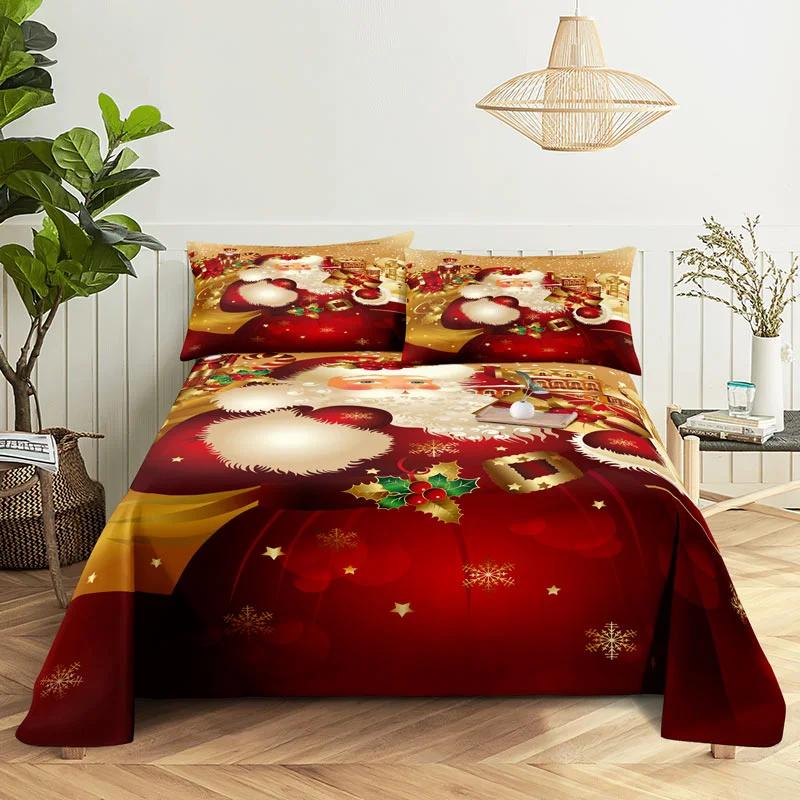 Frohe Weihnachten Bettlaken-Set mit Kissenbezug 3D-Druck Weihnachtsmann Heimdeko Neujahr King Queen Full Size Rotes Bettlaken 110x230cm 2pcs von Joom DACH