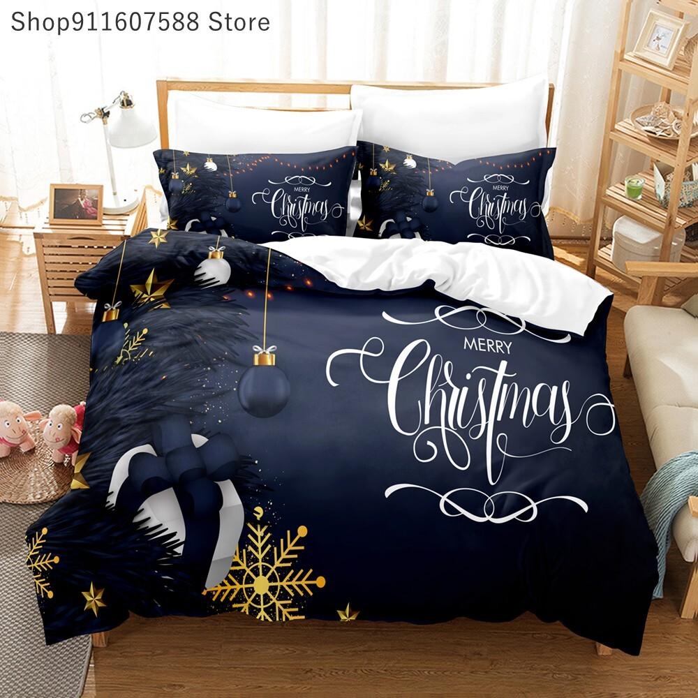 Frohe Weihnachten Dunkelblaue Bettwäschesets XMAS Bettbezug Bettdeckenbezug King Queen Full Twin Größe Bettwäsche Kinder Geschenk Bettset Cot Size70x133cm 2pc von Joom DACH