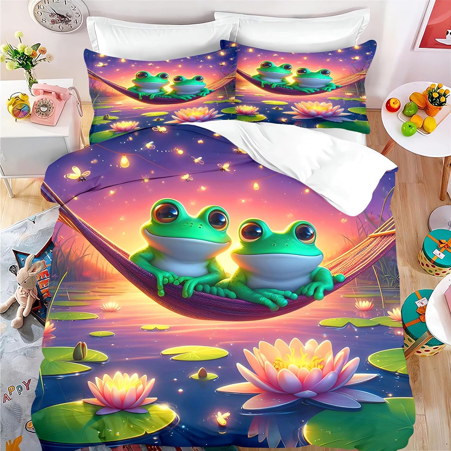 Frosch Niedliche Bettwäsche für Kinder Jungen Mädchen Teenager Einzelbettbezug, 3D Cartoon Frosch Bettdeckenbezug und Kissenbezug 50×75cm 2 Stück 150x200cm von Joom DACH