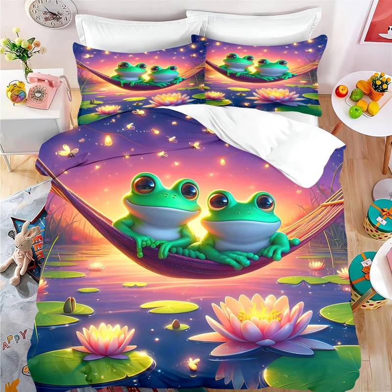 Frosch Niedliche Bettwäsche für Kinder Jungen Mädchen Teenager Einzelbettbezug, 3D Cartoon Frosch Bettdeckenbezug und Kissenbezug 50×75cm 2 Stück 150x200cm von Joom DACH