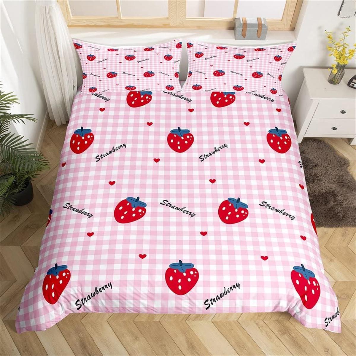 Frucht Erdbeere Bettbezug-Set, Rotes Süße Erdbeere Bettwäsche-Set für Kinder Jungen Mädchen, Kinder Bettdeckenbezug-Set mit Reißverschluss 90x200cm-2pcs von Joom DACH
