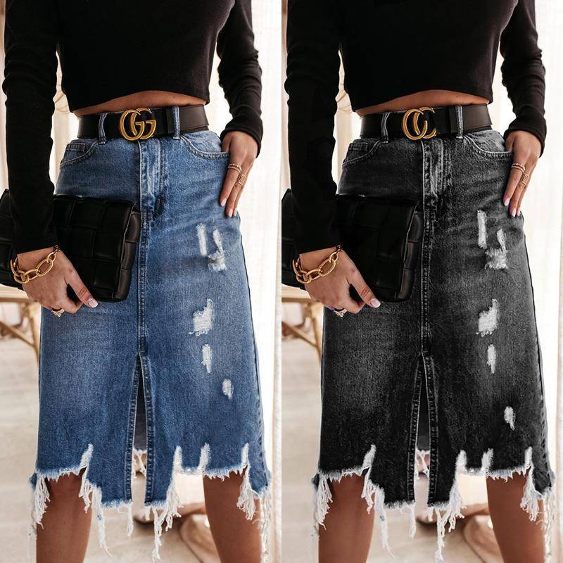 Frühjahr 2025 Damen High-Waist A-Linie Jeansrock mit Frontschlitz XXL schwarz von Joom DACH