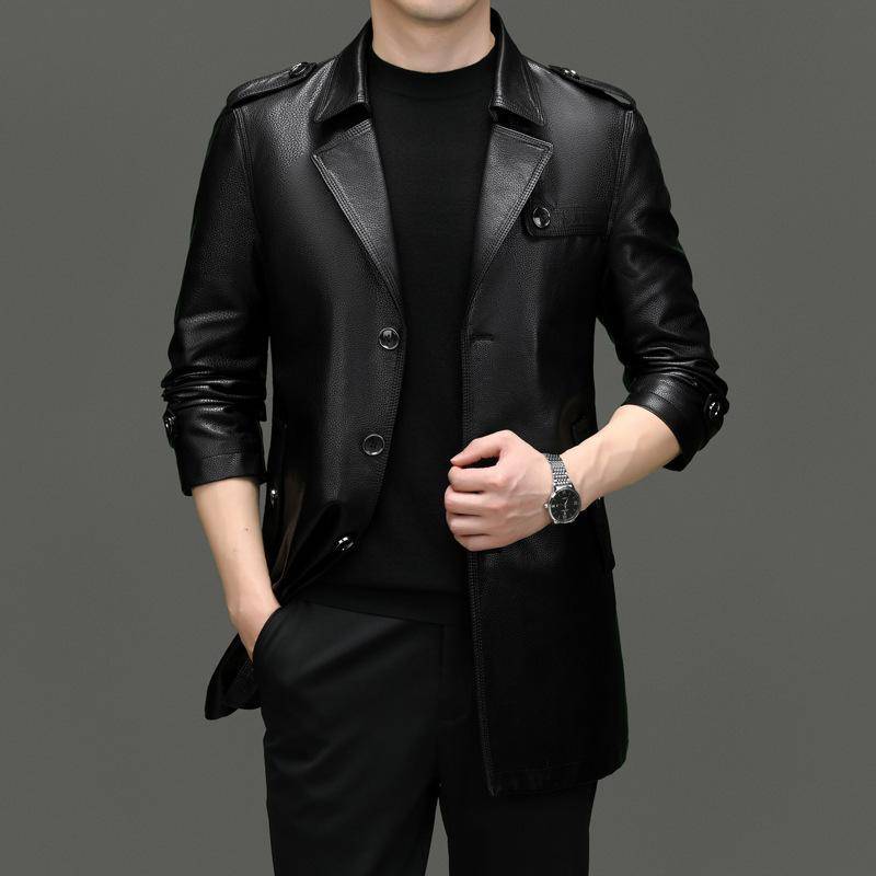 Frühling, Herbst und Winter Leder Herren Windbreaker Mittellange Business Casual Lederjacke Ledermantel Jacke Herrenbekleidung 4XL von Joom DACH