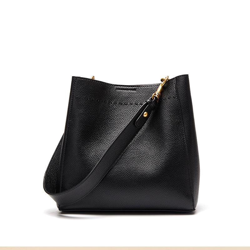 Frühling/Sommer Baotou Schicht Leder Vintage Leder Damen Tasche Bucket Bag Alle Schulter Umhängetasche schwarz von Joom DACH