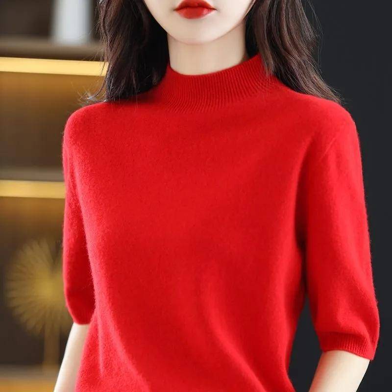 Frühling/Sommer Kurzarmpullover Damen Halber Rollkragenpullover Kurzes Loses Fünf-Punkte-Halbarm-T-Shirt Vielseitiges Gestricktes Bottoming-Shirt Damenoberteil XXL rot Frühling/Sommer Kurzarmpullover Damen Halber Rollkragenpullover Kurzes Loses Fünf-Punkte-Halbarm-T-Shirt Vielseitiges Gestricktes Bottoming-Shirt Damenoberteil XXL rot von Joom DACH