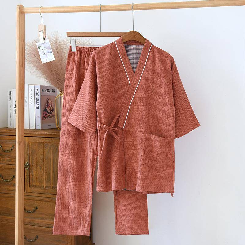 Frühling/Sommer Neu Japanisches Kimono-Set Paar 100% Baumwolle Herren- und Damen-Casual Locker Zuhause Fell Zweiteiliges Set Nachtwäsche M von Joom DACH