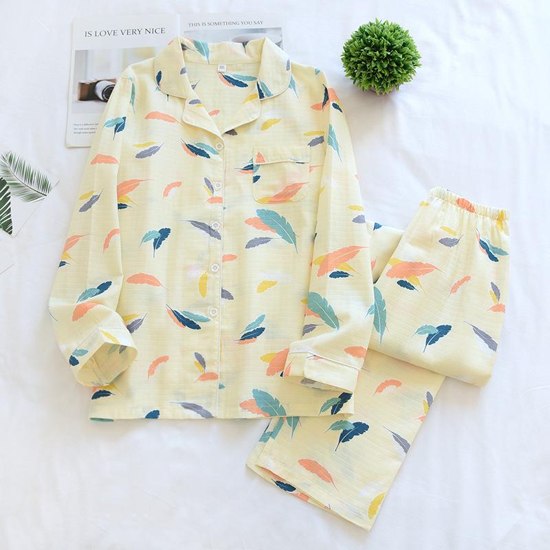 Frühling/Sommer Neuer Stil 100% Baumwolle Pyjama Set Damen Langarm Zweiteilig Farbe Feder Übergröße Home Service Kawaii XL gelb von Joom DACH