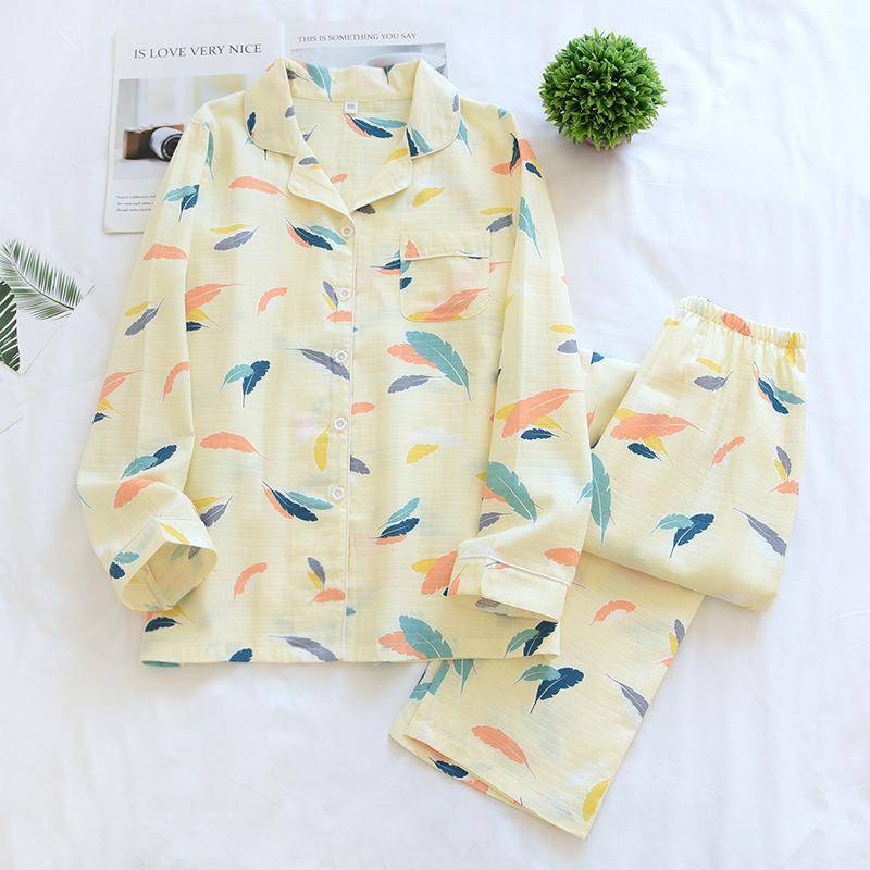 Frühling/Sommer Neuer Stil 100% Baumwolle Pyjama Set Damen Langarm Zweiteilig Farbe Feder Übergröße Home Service Kawaii XL gelb von Joom DACH