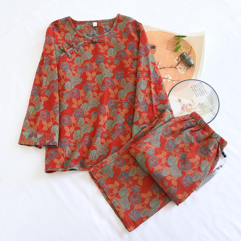 Frühling/Sommer Neues Damen-Pyjama-Set, 100 % Baumwolle, Jacquard, Retro-Pan-Knopf, Heimtextilien, langärmelige Hose, zweiteiliges Set XL rot von Joom DACH