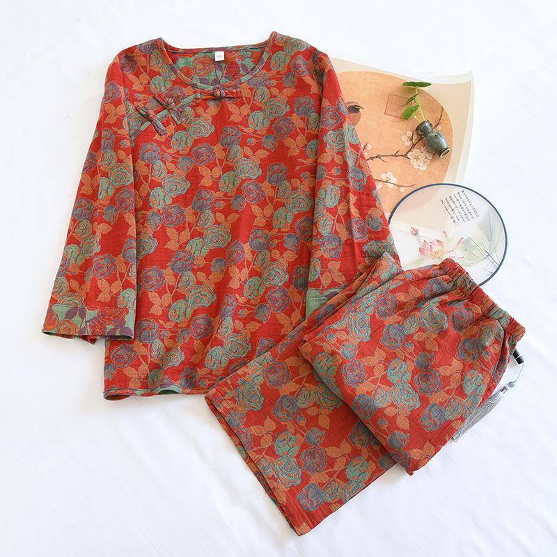 Frühling/Sommer Neues Damen-Pyjama-Set, 100 % Baumwolle, Jacquard, Retro-Pan-Knopf, Heimtextilien, langärmelige Hose, zweiteiliges Set XL rot von Joom DACH