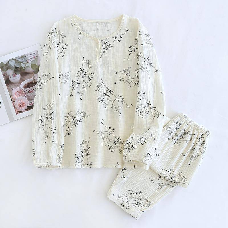 Frühling/Sommer Neues Damen-Pyjama-Set 100% Baumwollkrepp Rundhals-Pyjama Langarm Lange Hose Zweiteilig Süßes Zuhause Fury XL von Joom DACH