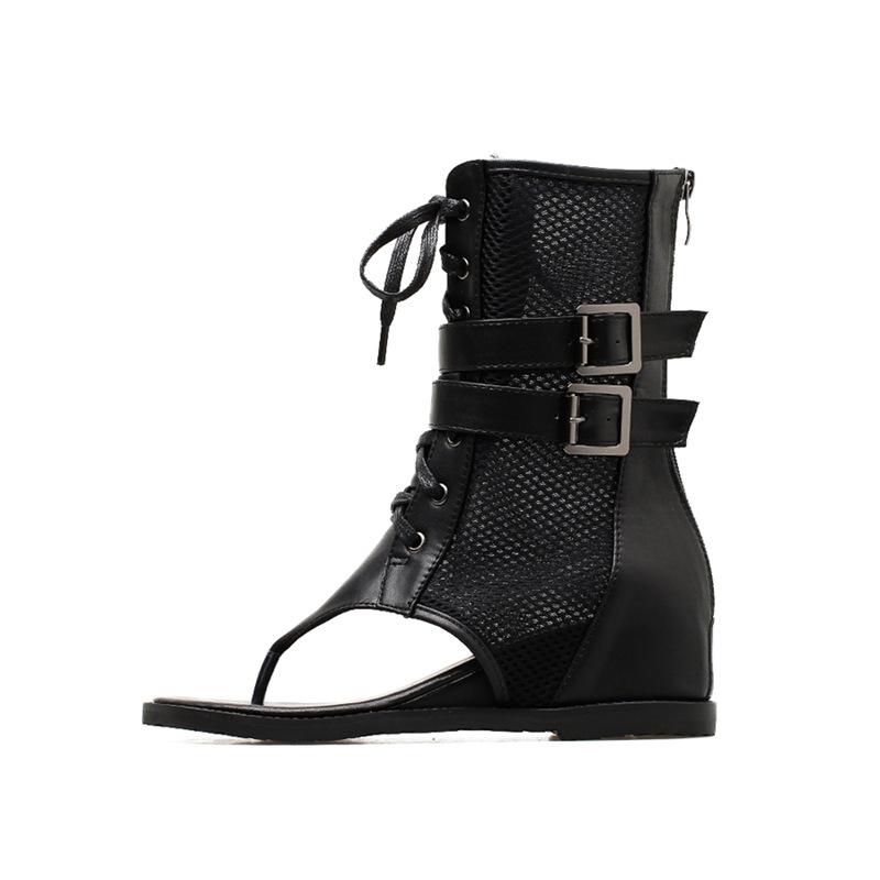 Frühling 2025 Zehenstegsandalen mit Keilabsatz und innerer Höhenerhöhung für Damen Mesh atmungsaktive Römische coole Stiefel 35 schwarz von Joom DACH