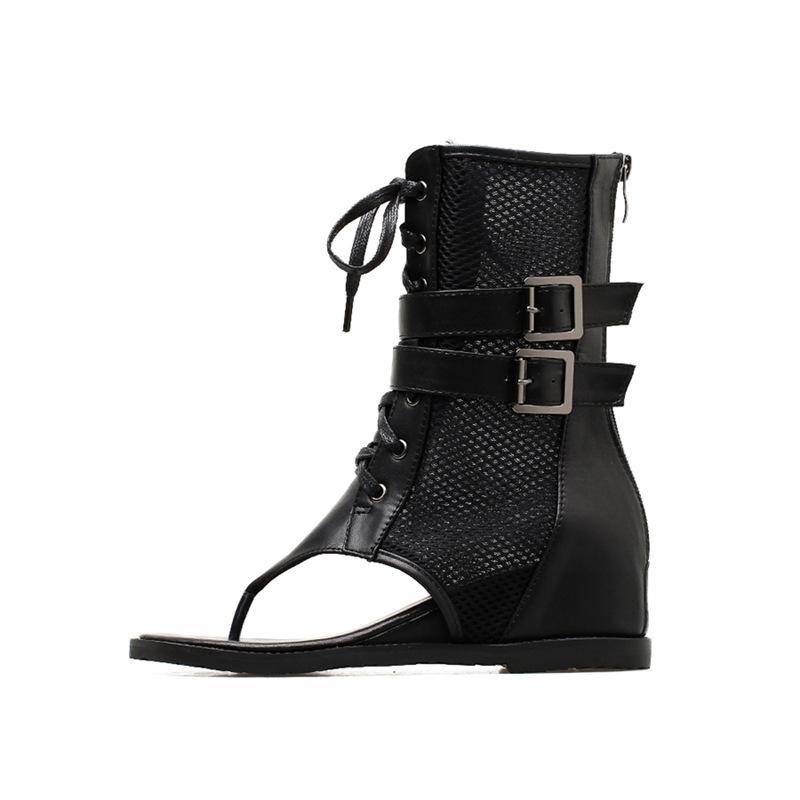 Frühling 2025 Zehenstegsandalen mit Keilabsatz und innerer Höhenerhöhung für Damen Mesh atmungsaktive Römische coole Stiefel 35 schwarz von Joom DACH