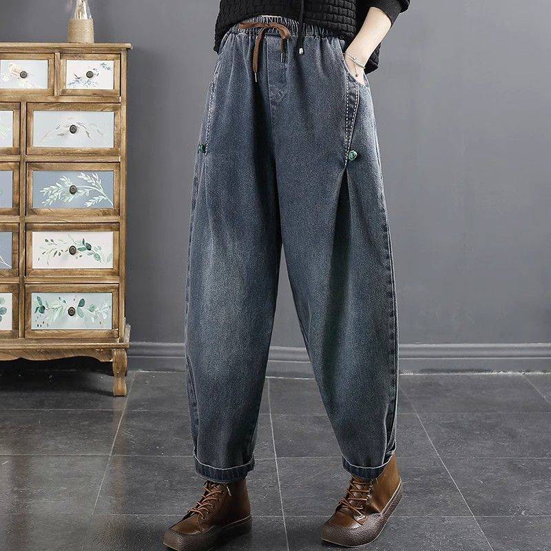 Frühling Casual Jeans Frauen Elastische Taille Waschen Blau Pan Schnalle Lose Dad Harlan Denim Hosen 3XL von Joom DACH