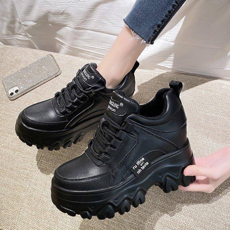 Frühling Damen Sneakers Mode Einfarbig Chunky Casual Schuhe Schnürschuhe Große Keile Plateauschuhe Outdoor Wanderschuhe 37 von Joom DACH