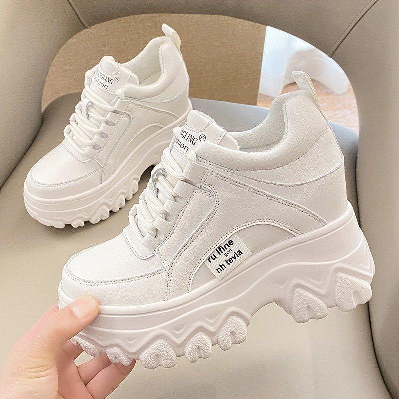 Frühling Damen Sneakers Mode Einfarbig Chunky Casual Schuhe Schnürschuhe Große Keile Plateauschuhe Outdoor Wanderschuhe 38 weiß von Joom DACH