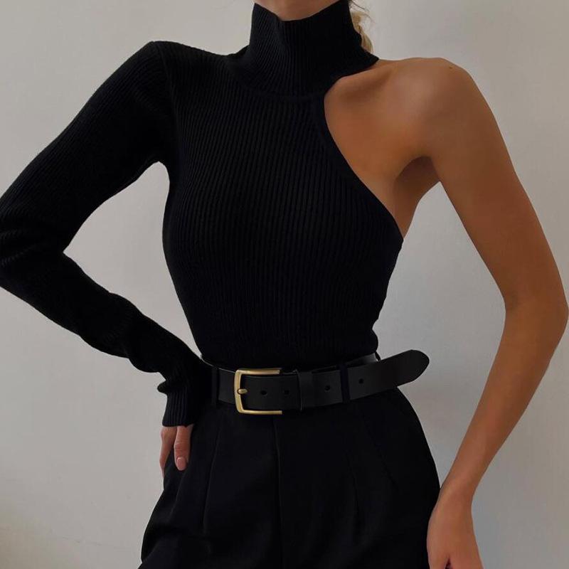 Frühling Eine Schulter Rippen Gestrickte Elegante Bodysuit Dünne Tops Party Sexy Cut Out Bodys Kleidung Für Frauen S schwarz von Joom DACH