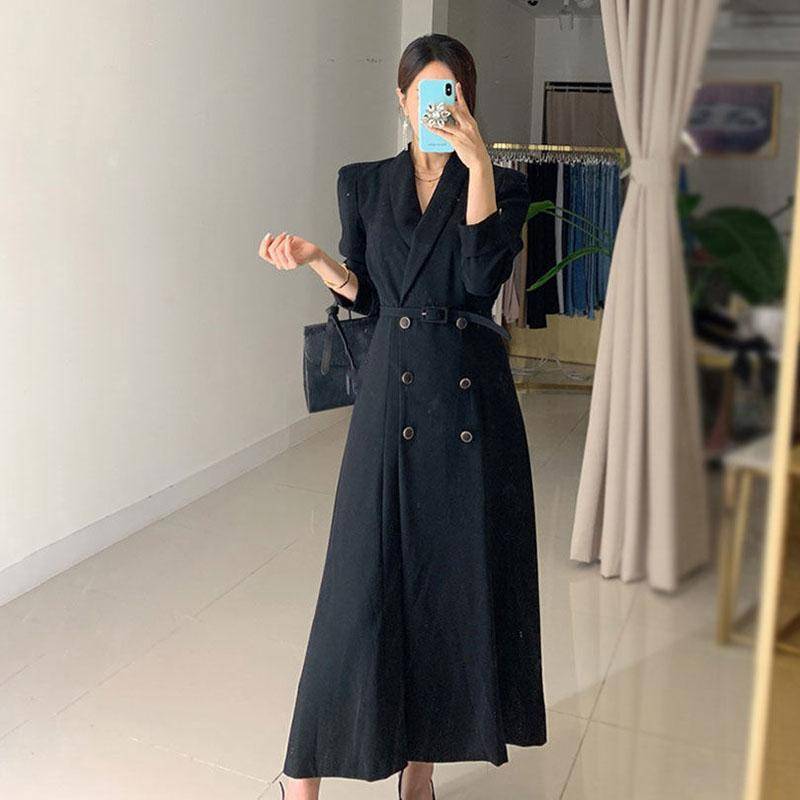 Frühling Französisch Taille Abnehmen Drapieren Mid-länge Retro Hepburn Stil Anzug Kleid Kinder XXXL schwarz von Joom DACH