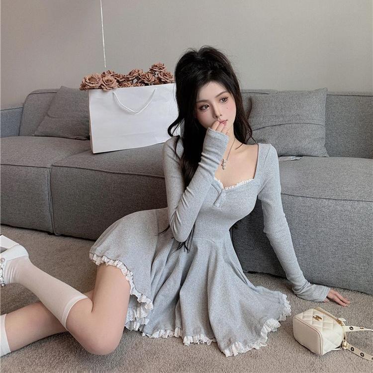 Frühling Frauen Koreanische Kleid Taille Geschlossen Langarm Süße Herbst Mini Kleider S grau von Joom DACH