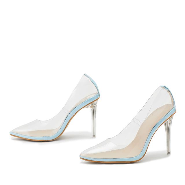 Frühling Frauen einzelne Schuhe einfache Mode spitzen transparenten Film Stiletto große Größe Catwalk High Heel Schuhe Größe 35 -42 35 blau von Joom DACH