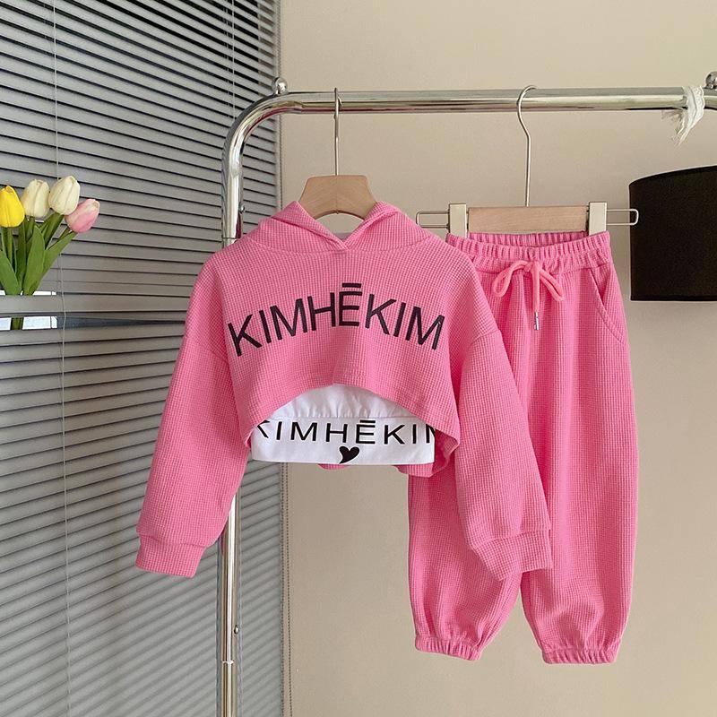 Frühling Herbst Baby Mädchen Waffel Alphabet Crop Hoodie + Kordelzug Sweatpant + T Tops Kinder Trainingsanzug Kind 3PCS Outfit sets 1-9 Jahre 90cm rosa von Joom DACH