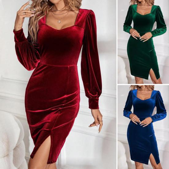 Frühling Herbst Damen Abendkleid Lange Ärmel Slim Fit Reine Farbe Geteilter Saum Samt Knielang Quadratischer Ausschnitt Abschlussball Cocktailparty Midikleid M von Joom DACH