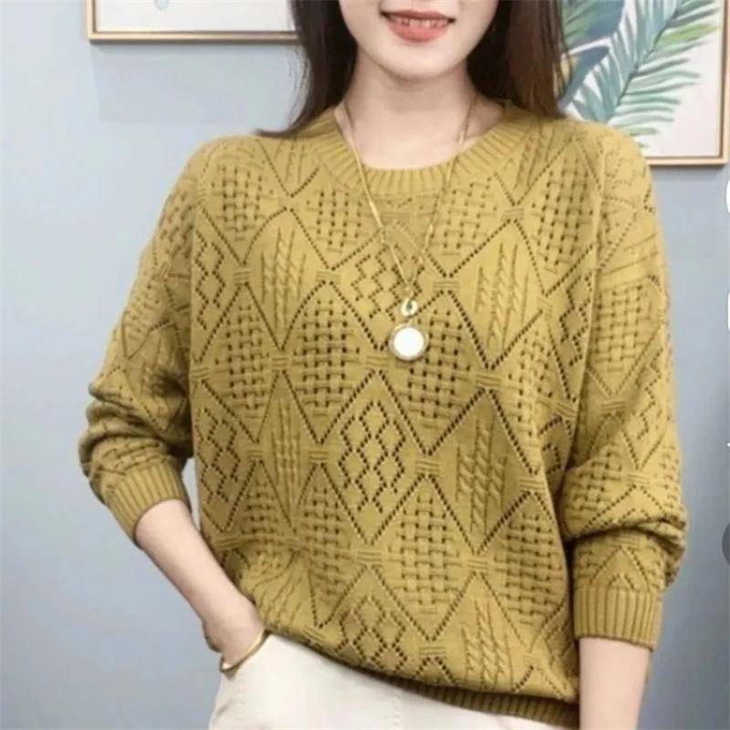 Frühling Herbst Damen Lose Stricken Aushöhlen Damen Pullover Pullover Koreanische Version Langarm Top XXXL gelb von Joom DACH