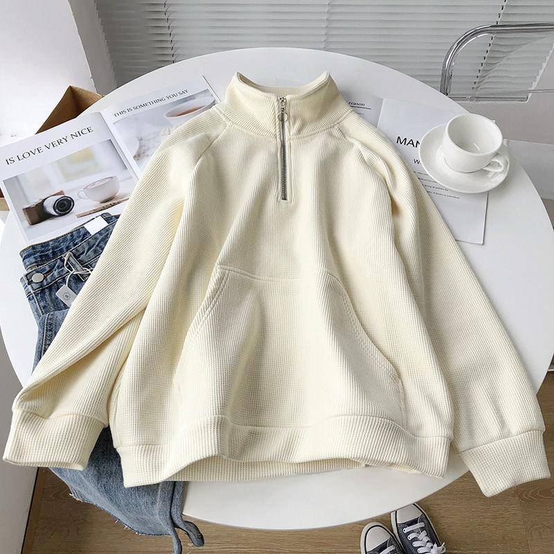 Frühling Herbst Damen Sweatshirts Rollkragen Langarm Übergröße Casual Pullover Weibliche Streetwear Y2k Zipper Tops XXL beige von Joom DACH