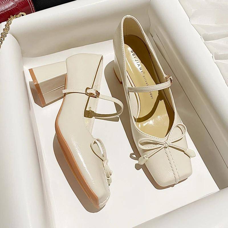Frühling Herbst Dicke Absätze Damen Mary Jane Schuhe Mode Schmetterlingsknoten Schuhe Damen Elegant Hochzeitsparty Pumps 36 beige von Joom DACH