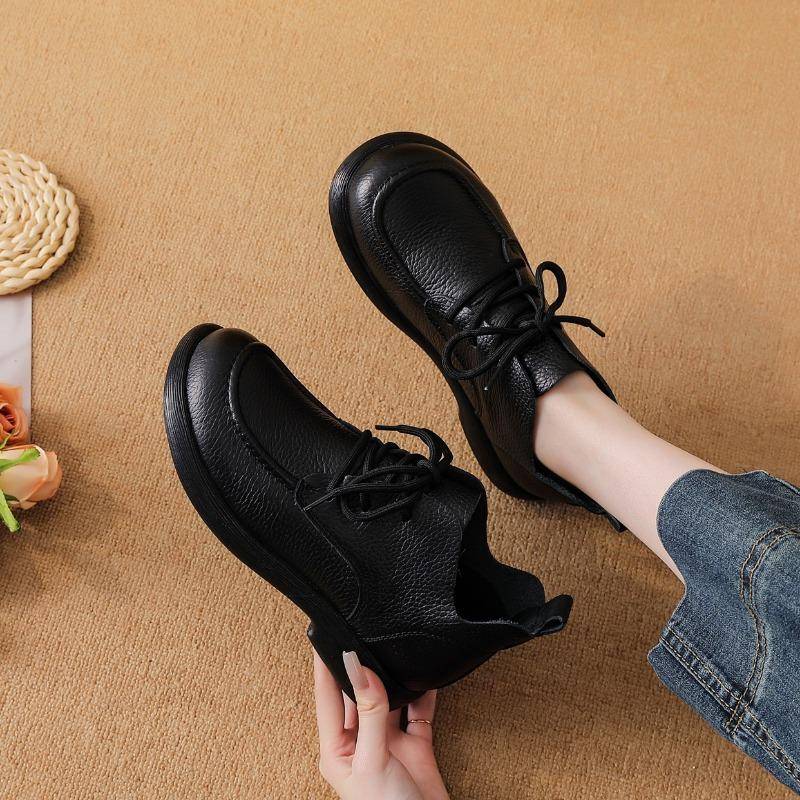 Frühling Herbst Echtes Leder Schuhe Damen Stiefeletten Retro Weiches Rindsleder Marke Damenstiefel Übergröße 41 40 schwarz von Joom DACH