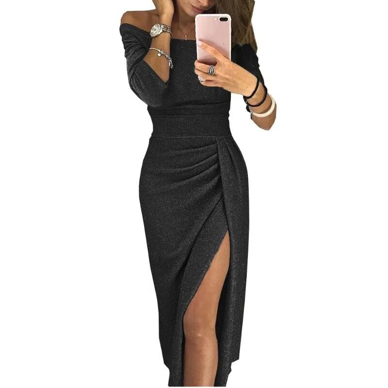 Frühling Herbst Ein Wort Kragen Elegant Glänzend Schlitz Bodycon Robe Damen Langarm Taille Abendkleider Vestidos M schwarz von Joom DACH