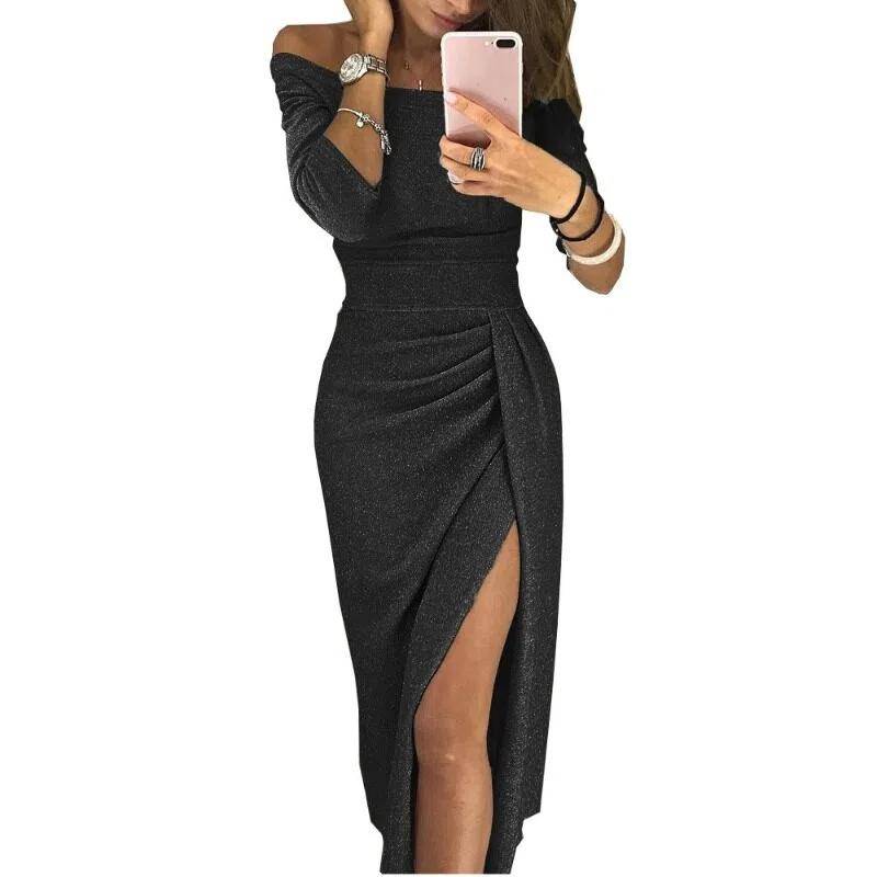 Frühling Herbst Ein Wort Kragen Elegant Glänzend Schlitz Bodycon Robe Damen Langarm Taille Abendkleider Vestidos M schwarz von Joom DACH