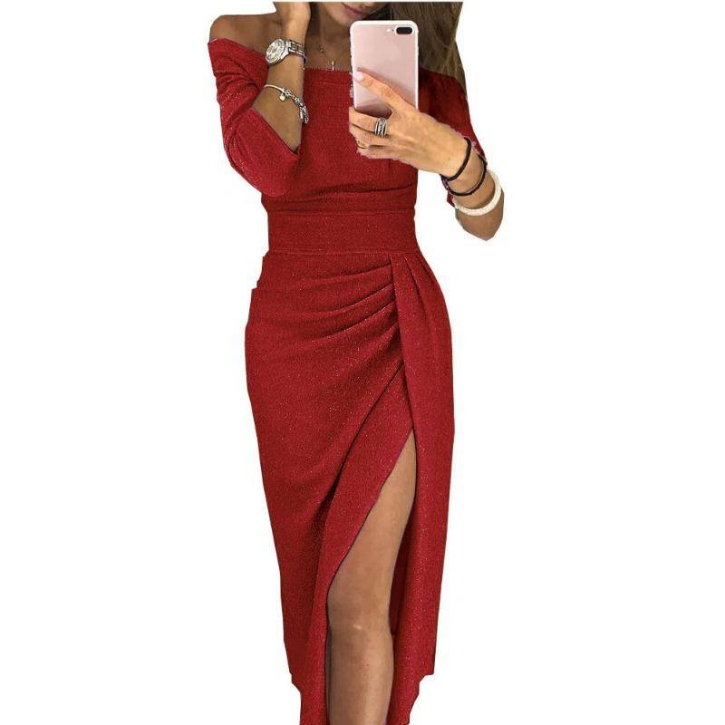 Frühling Herbst Ein Wort Kragen Elegant Glänzend Schlitz Bodycon Robe Damen Langarm Taille Abendkleider Vestidos S rot von Joom DACH