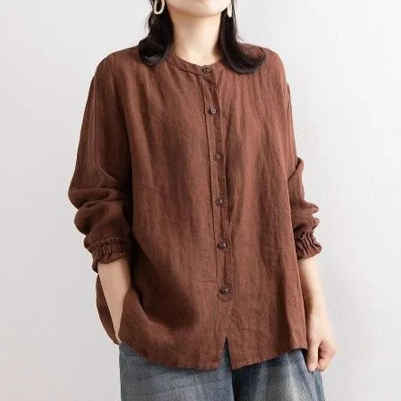 Frühling Herbst Ethnischen Stil Vintage Baumwolle Leinen Casual Shirt Frauen Oansatz Lose Mode Tasten Bluse Weibliche Lange Hülse XL kaffeebraun von Joom DACH