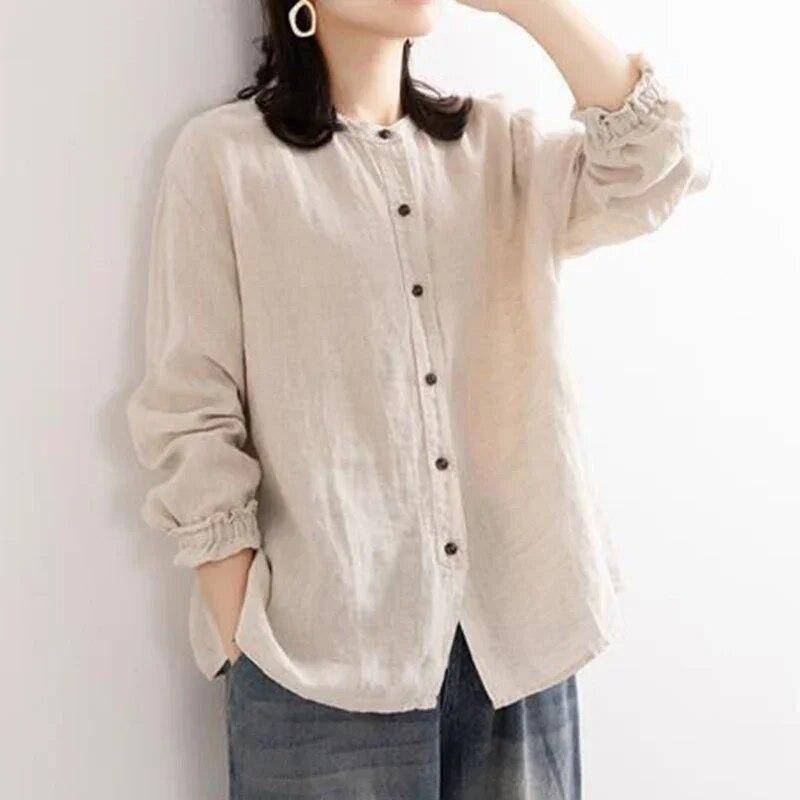 Frühling Herbst Ethnischen Stil Vintage Baumwolle Leinen Casual Shirt Frauen Oansatz Lose Mode Tasten Bluse Weibliche Lange Hülse XXXL beige von Joom DACH