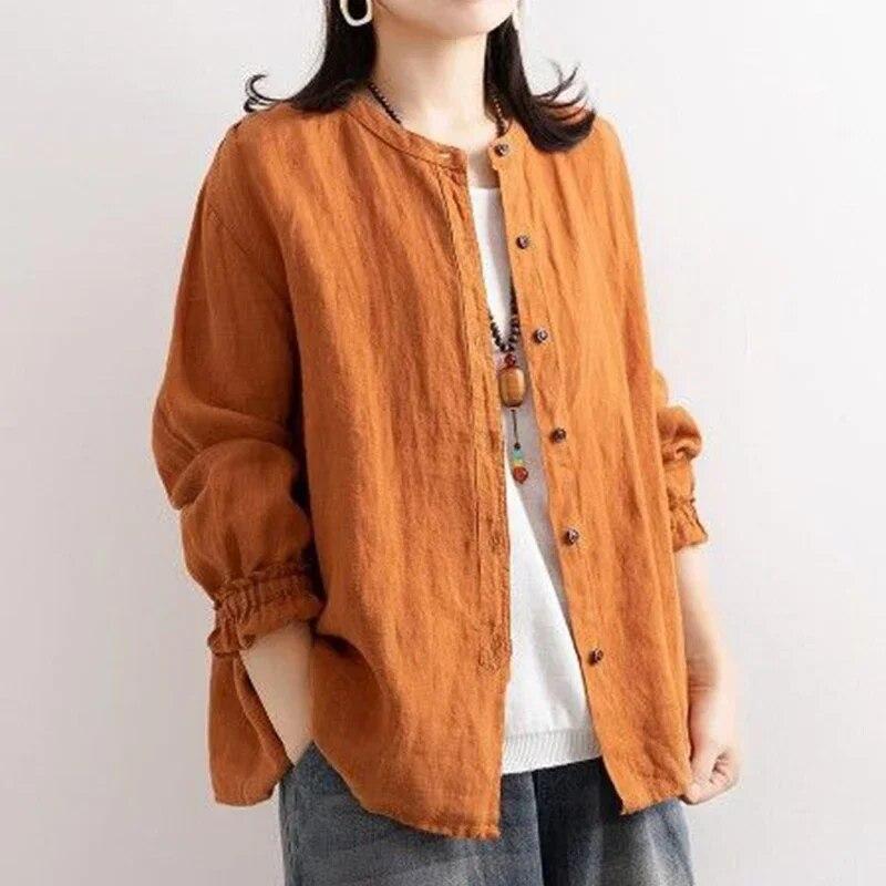 Frühling Herbst Ethnischen Stil Vintage Baumwolle Leinen Casual Shirt Frauen Oansatz Lose Mode Tasten Bluse Weibliche Lange Hülse XXXL orange von Joom DACH