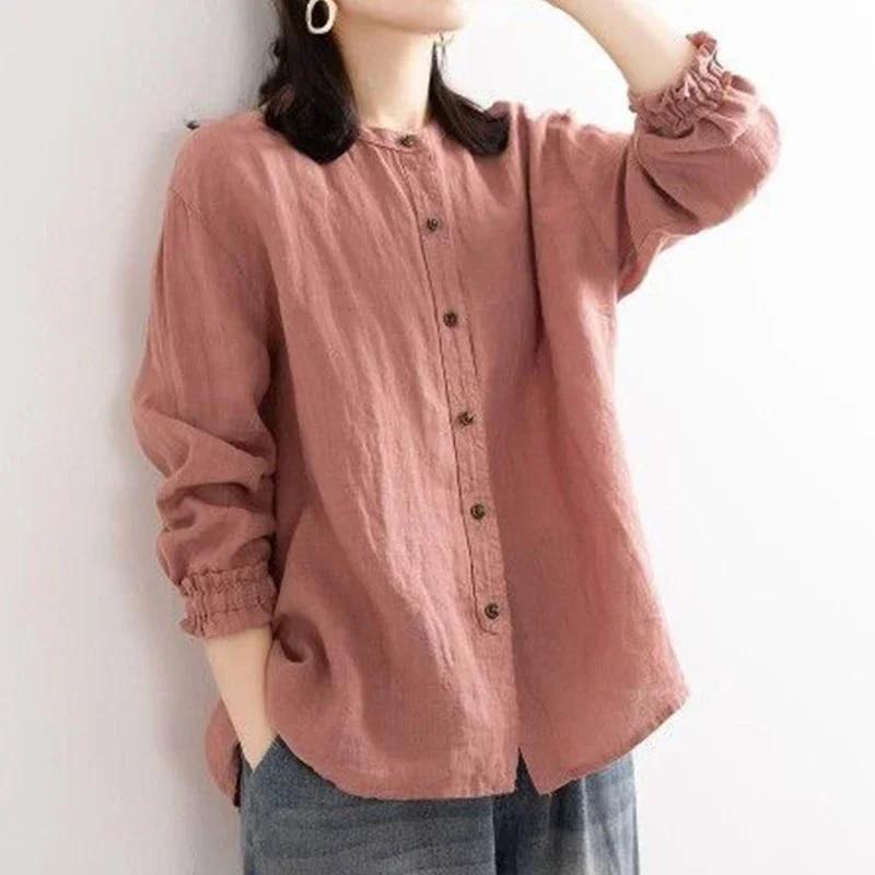 Frühling Herbst Ethnischen Stil Vintage Baumwolle Leinen Casual Shirt Frauen Oansatz Lose Mode Tasten Bluse Weibliche Lange Hülse XXXL rosa von Joom DACH