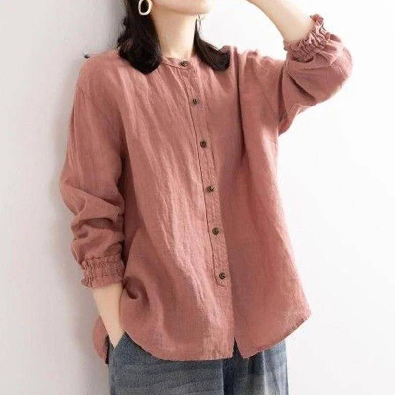 Frühling Herbst Ethnischen Stil Vintage Baumwolle Leinen Casual Shirt Frauen Oansatz Lose Mode Tasten Bluse Weibliche Lange Hülse XXXL rosa von Joom DACH