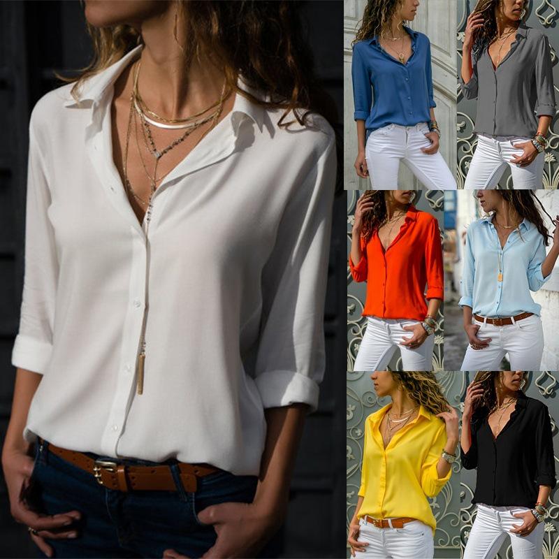 Frühling Herbst Frauen Einfarbig Button Up Chiffon Bluse Casual Langarm Plus Größe Tops 8XL Frühling Herbst Frauen Einfarbig Button Up Chiffon Bluse Casual Langarm Plus Größe Tops 8XL von Joom DACH