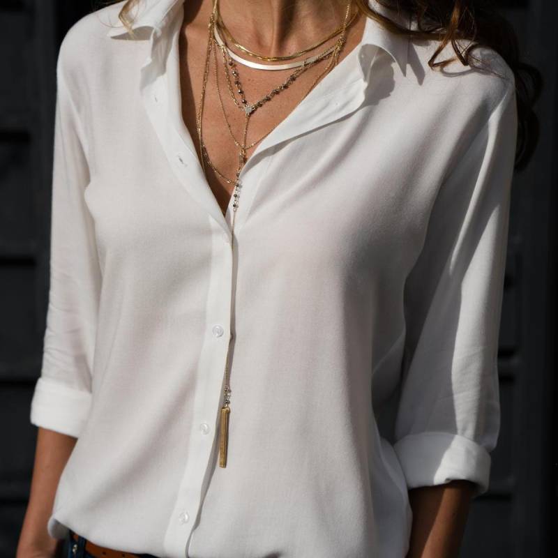 Frühling Herbst Frauen Einfarbig Button Up Chiffon Bluse Casual Langarm Plus Größe Tops S weiß von Joom DACH